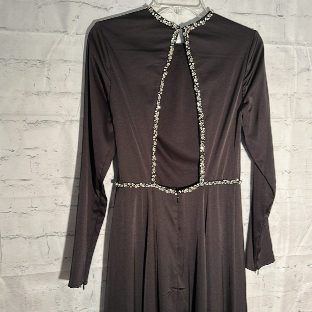 Mac Duggal by Ieena Crystal Trim Long Sleeve High Slit A-Line Gown - Picture 7 of 14